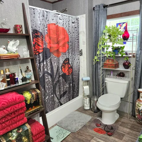 a bathroom with a toilet sink and curtain