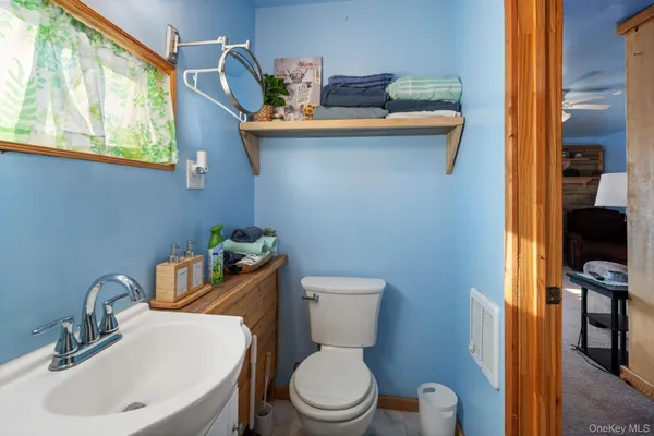 a bathroom with a sink a toilet and a mirror