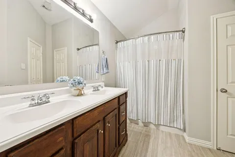 a bathroom with a sink a mirror and a shower