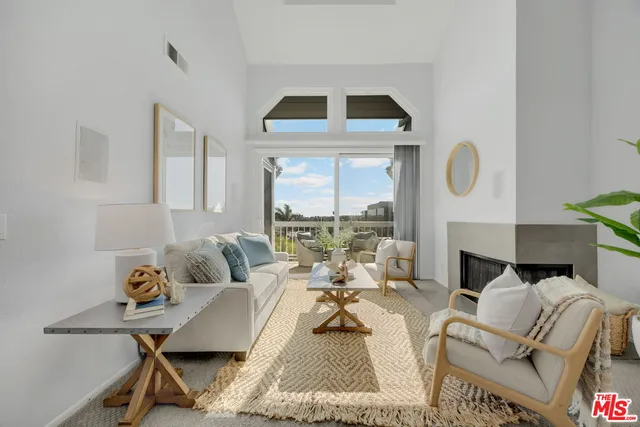 a living room with furniture a fireplace and a potted plant