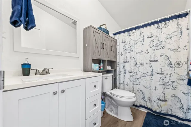 a bathroom with a sink a toilet and shower curtain