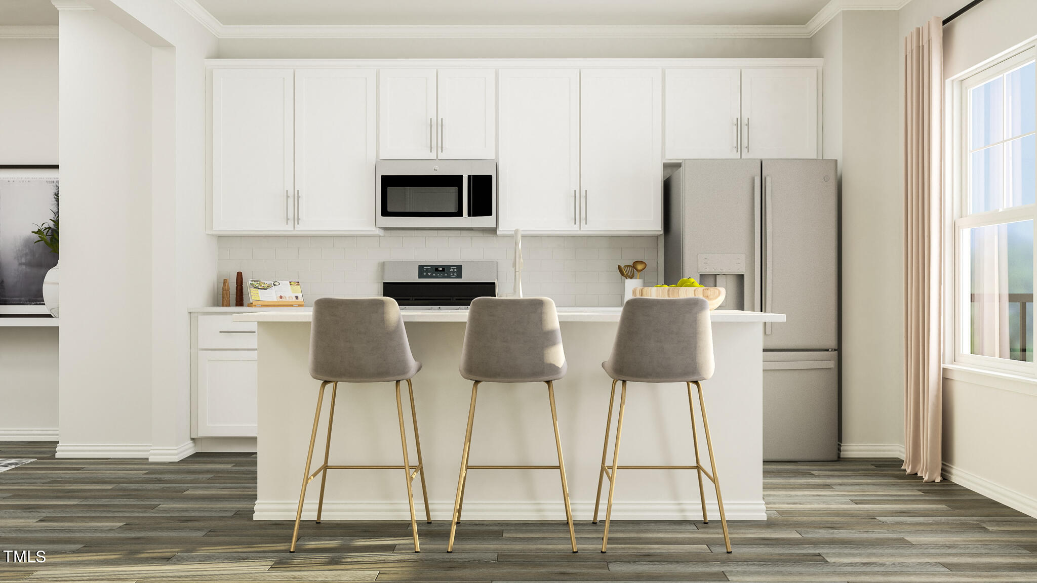 510 Light Oak Way Apex, NC 27539 - Photo 11 of 37 a kitchen with stainless steel appliances kitchen island granite countertop a table chairs and a refrigerator