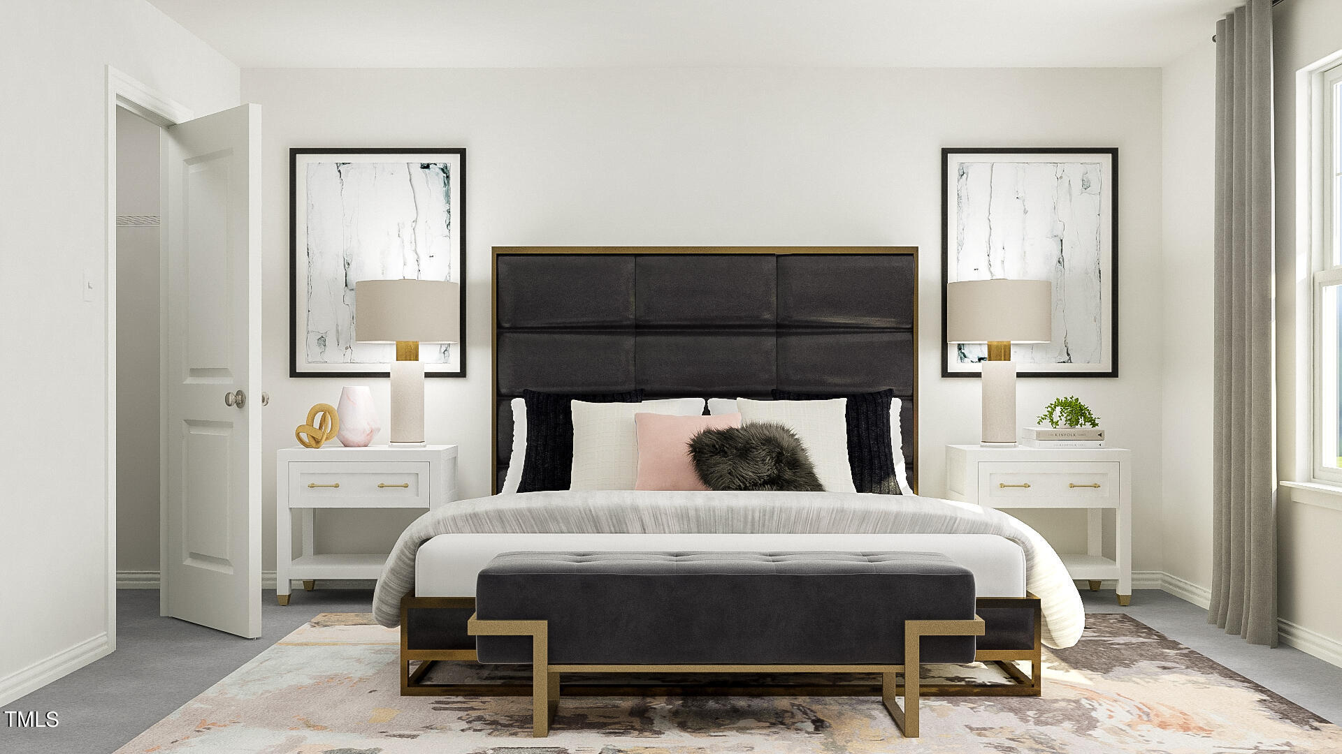 510 Light Oak Way Apex, NC 27539 - Photo 22 of 37 a bedroom with a bed a mirror and a potted plant