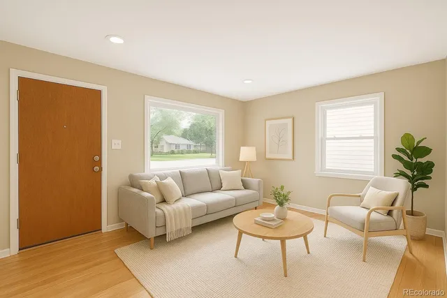 a living room with furniture and a large window