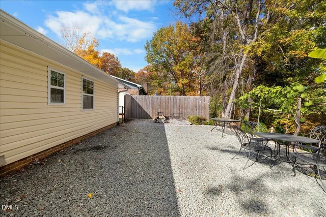 a view of a backyard with large trees