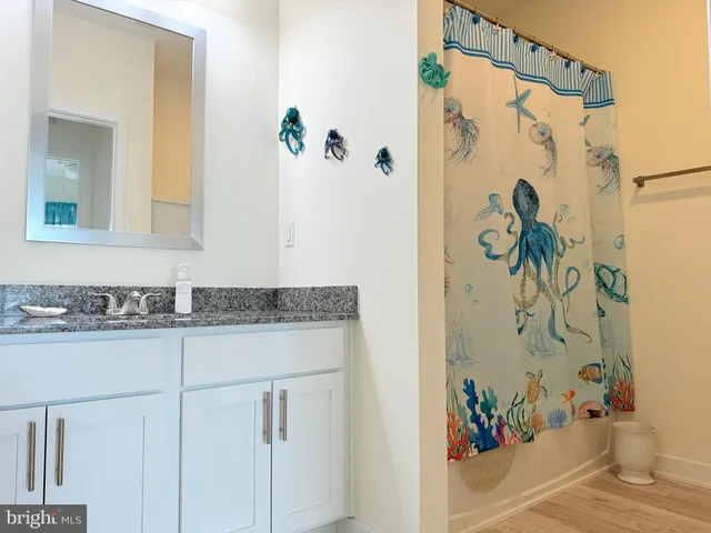 a bathroom with a granite countertop sink a mirror and shower