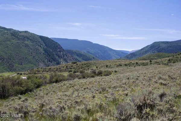 a view of a dry field with mountains in the background