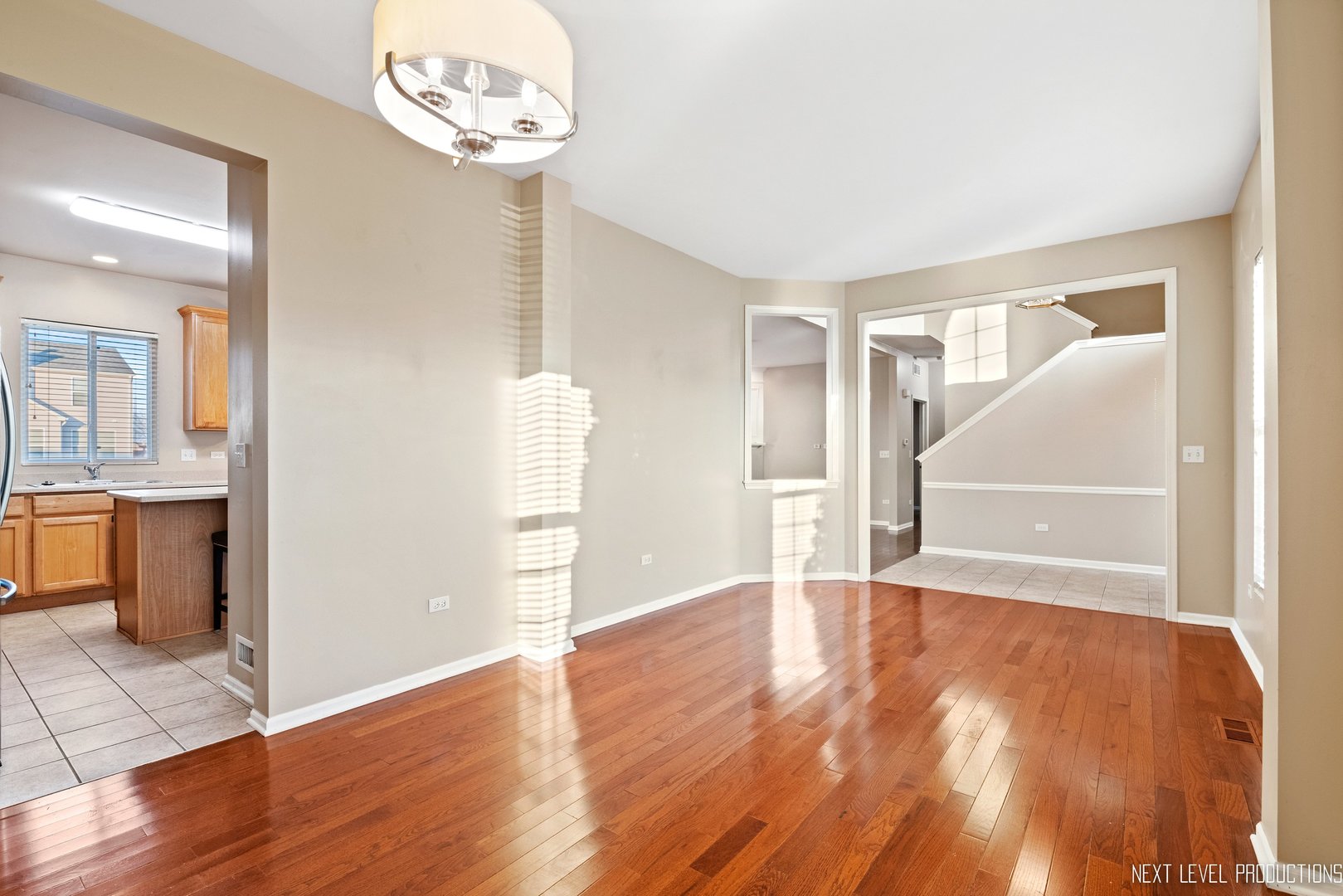 230 Tiger Street Bolingbrook, IL 60490 - Photo 10 of 27 a view of an empty room with wooden floor and a kitchen