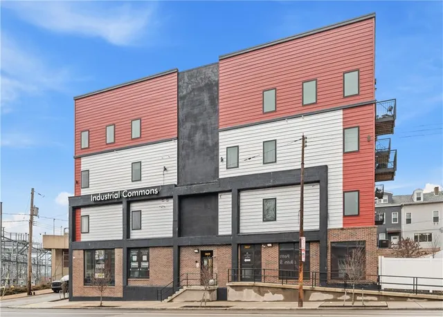 a front view of a building with street