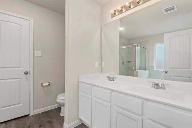 a bathroom with a sink a toilet a large mirror and shower