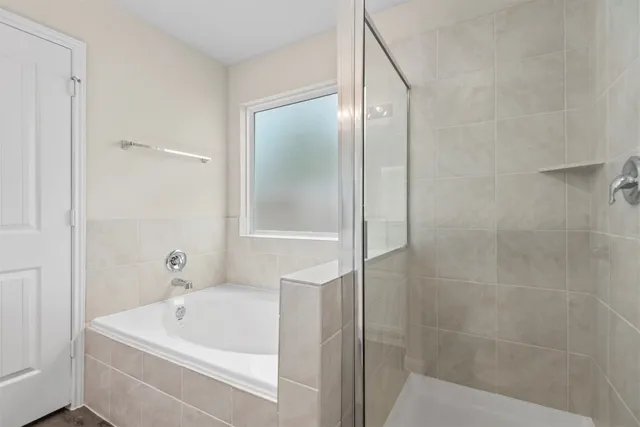 a bathroom with a tub a shower and vanity