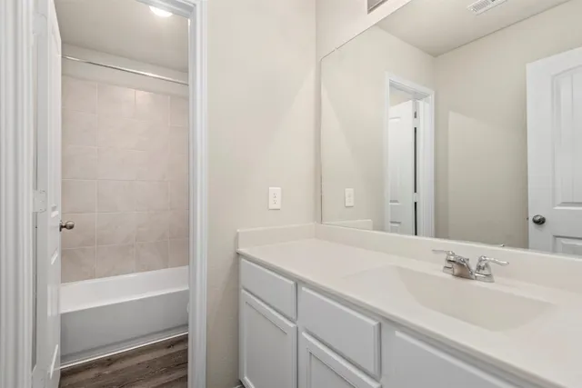 a bathroom with a tub sink and mirror