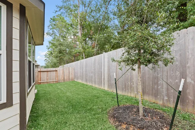 a view of a backyard with plants and wooden fence