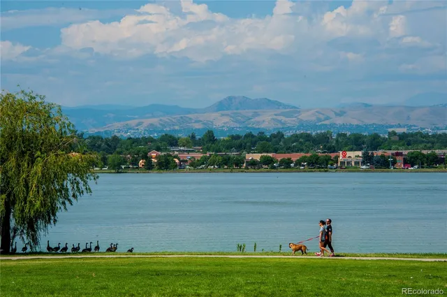 a view of a lake with houses in the back