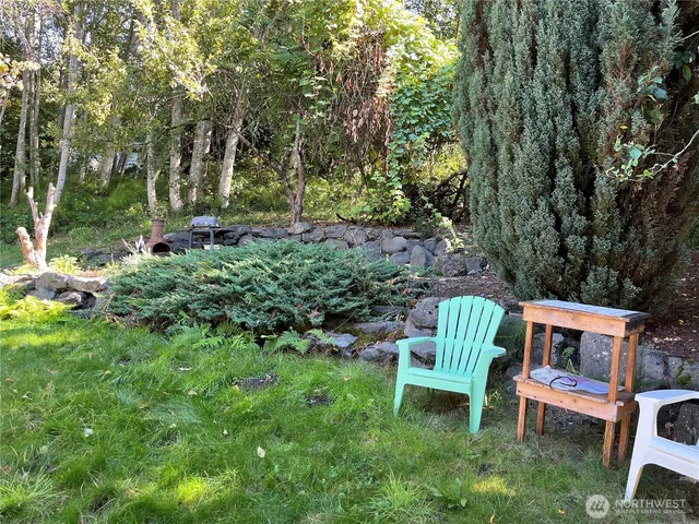 a view of a yard with plants and flowers