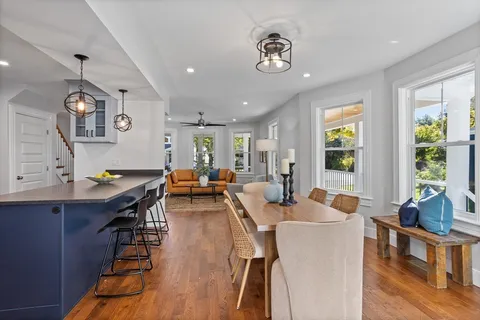 a view of a dining room with furniture window and outside view