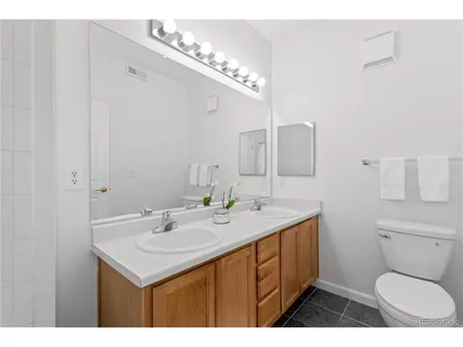 a bathroom with a toilet a sink a mirror and vanity