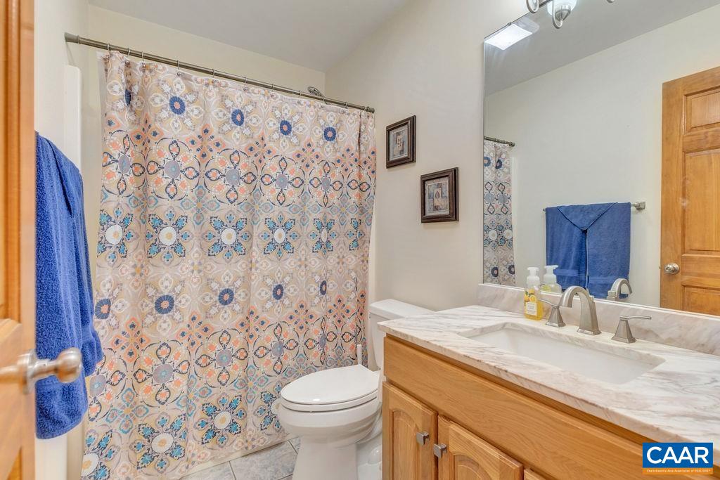 6863 Amicus Road Ruckersville, VA 22968 - Photo 24 of 42 a bathroom with a granite countertop sink a toilet and a mirror