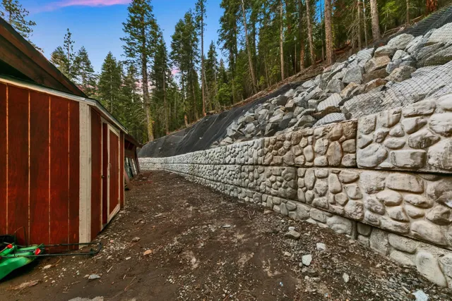 a view of a pathway of a yard with wooden fence