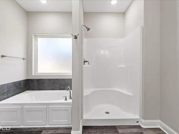 a bathroom with a bathtub and a shower