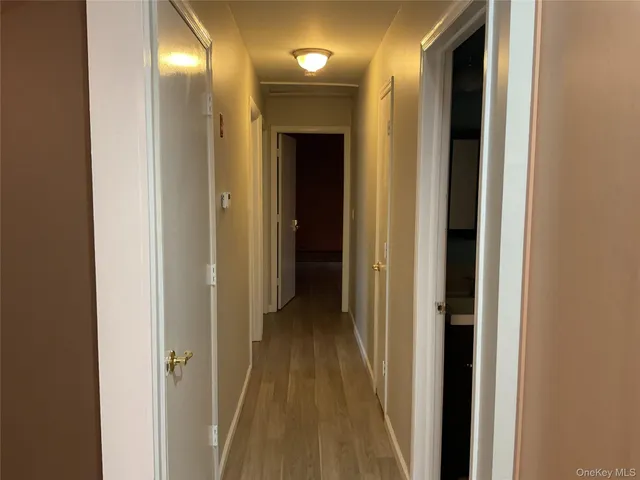 a view of a hallway with wooden floor