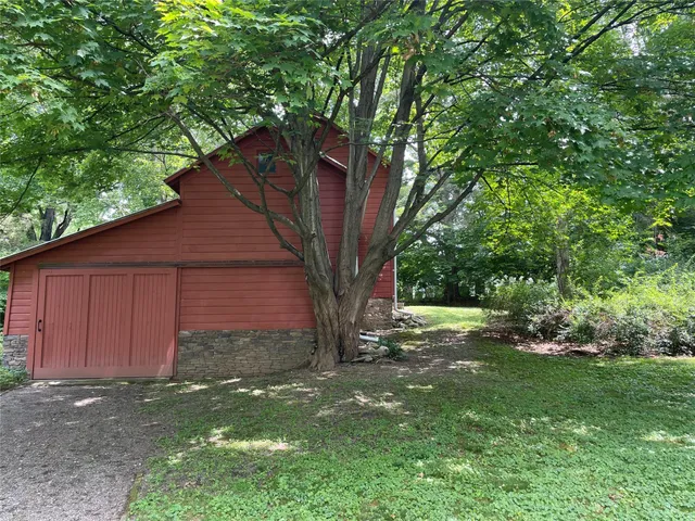 a backyard of a house with plants and large tree