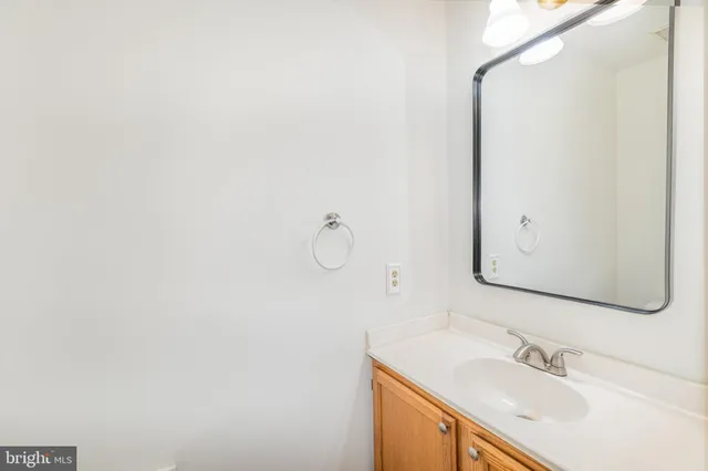 a bathroom with a sink vanity and a mirror