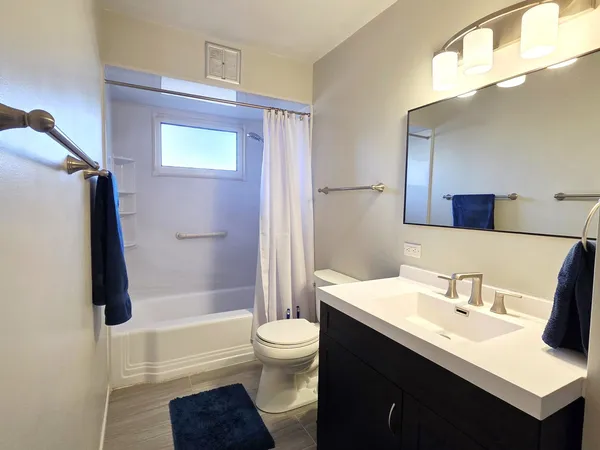 a bathroom with a sink a toilet a mirror a vanity and bathtub