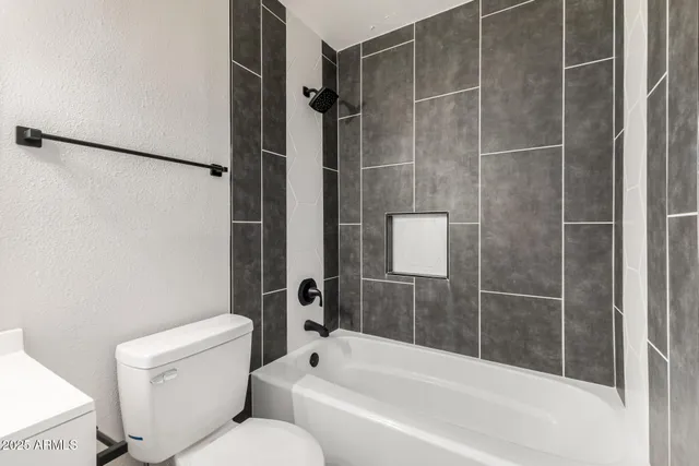 a bathroom with a toilet and a bathtub