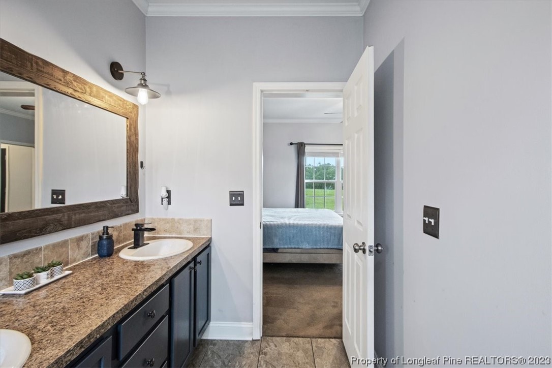 406 Star Ridge Road Carthage, NC 28327 - Photo 31 of 50 a en suite bathroom with a granite countertop sink and a mirror