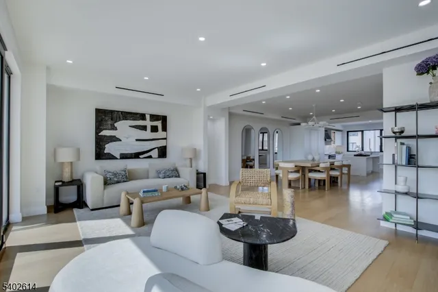 a living room with furniture and a dining table with kitchen view
