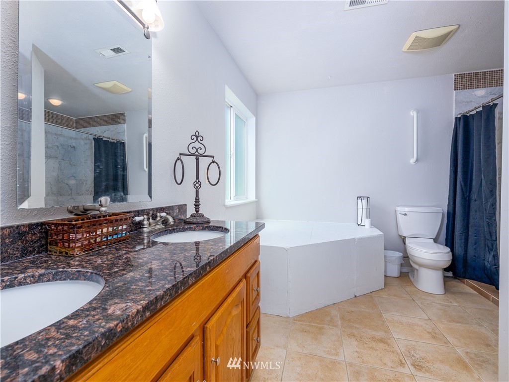 553 River Road Chehalis, WA 98532 - Photo 9 of 22 a bathroom with a granite countertop sink mirror toilet and bathtub