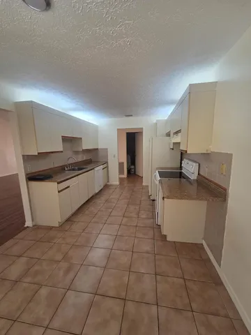 a kitchen with a sink a counter top space and cabinets
