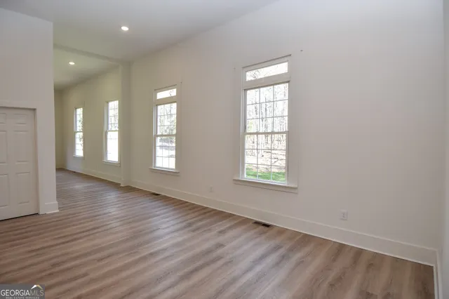 a view of a yard with plants and large trees