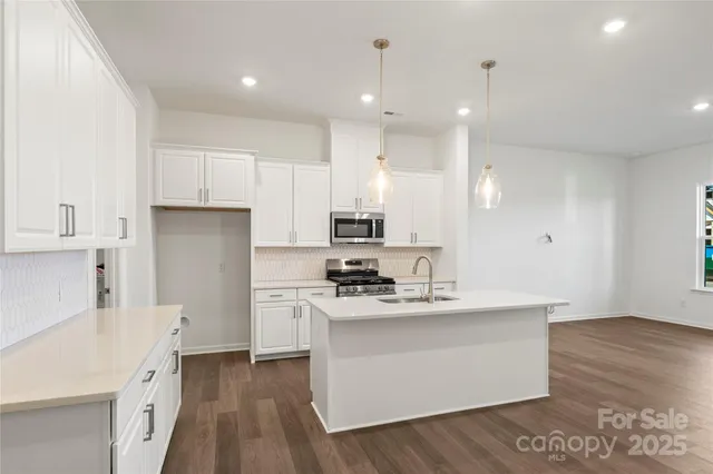a kitchen with a sink stainless steel appliances and white cabinets