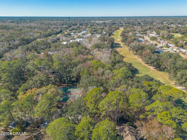 a view of a yard with large trees