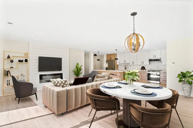 a view of a dining room with furniture