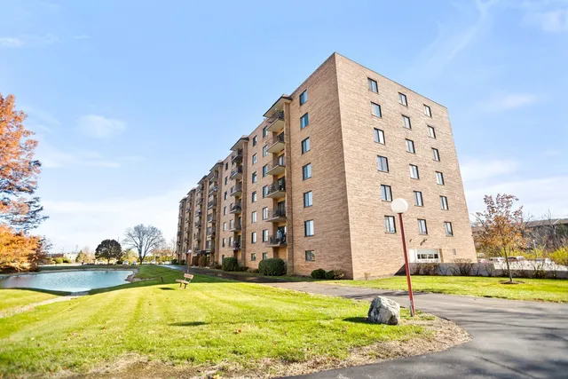 a view of a swimming pool with a buildings