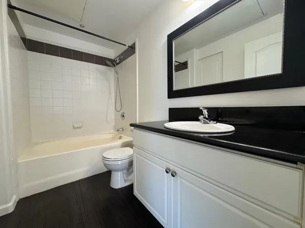 a bathroom with a double vanity sink toilet mirror and bathtub