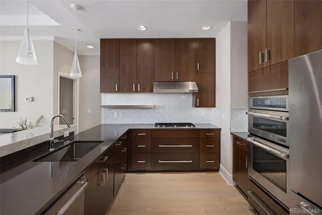 a kitchen with a sink and stainless steel appliances