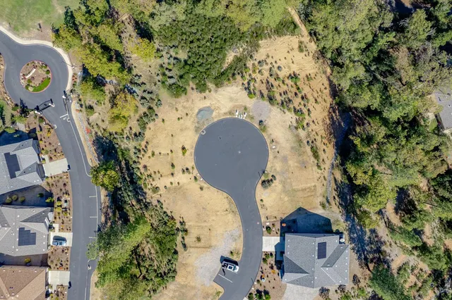 an aerial view of a house with a yard and large trees