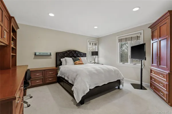 a bedroom with a bed and a television