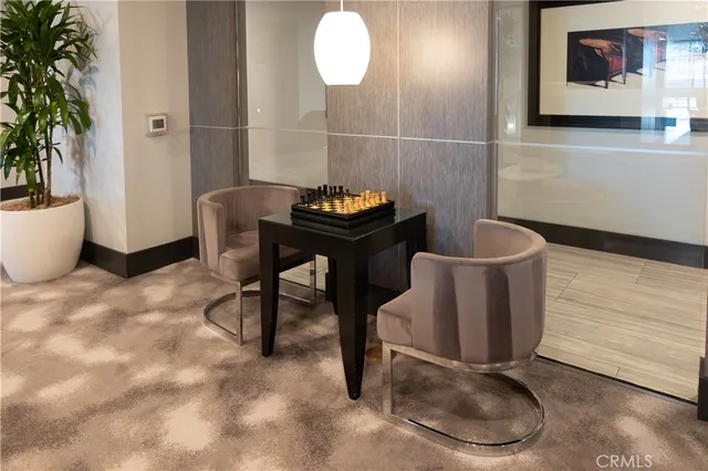 a view of a large building with a checkered floor