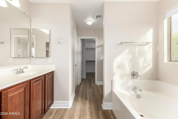 a bathroom with a tub sink and mirror