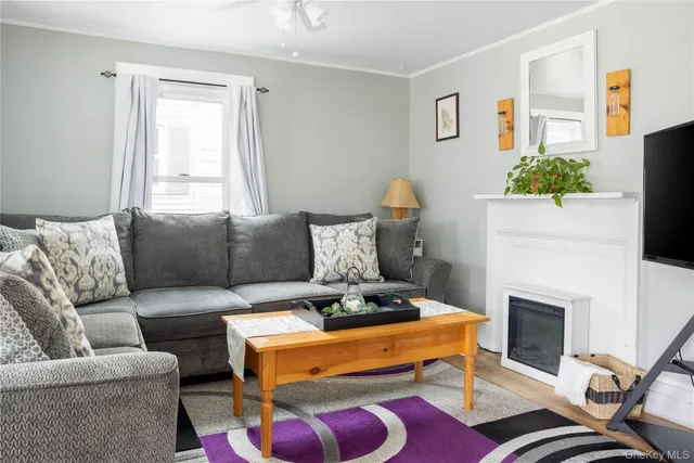 a living room with furniture a fireplace and a window