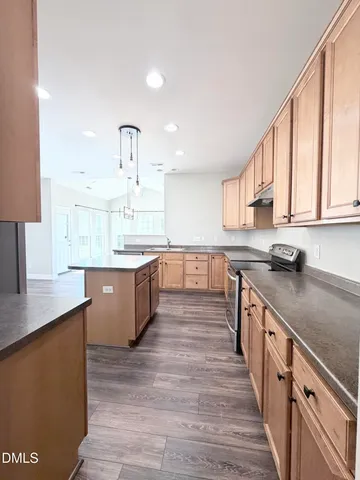 a large kitchen with stainless steel appliances granite countertop a lot of counter space and wooden floors