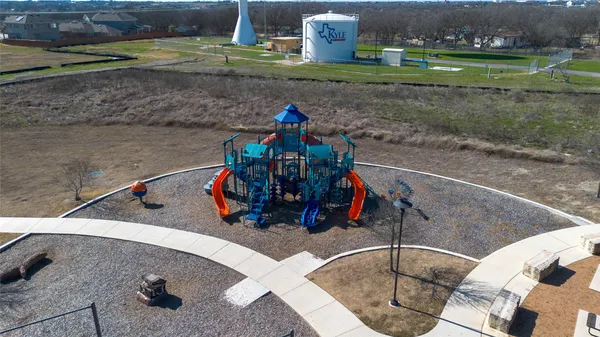 an aerial view of a swimming pool