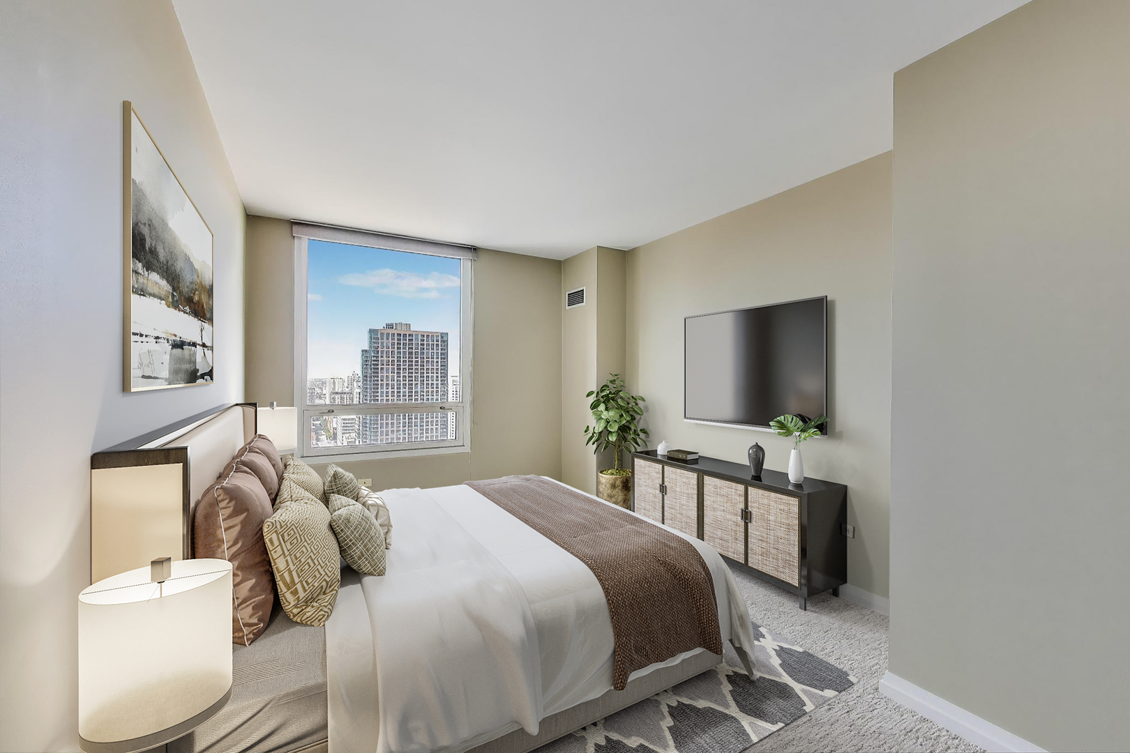 33 West Ontario Street, Unit 30G Chicago, IL 60654 - Photo 13 of 25 a bedroom with a bed and a flat screen tv