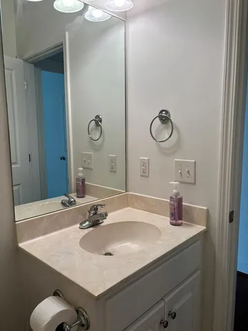a bathroom with a sink and a mirror