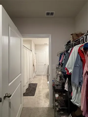 a view of a hallway with a flower pot and a fireplace